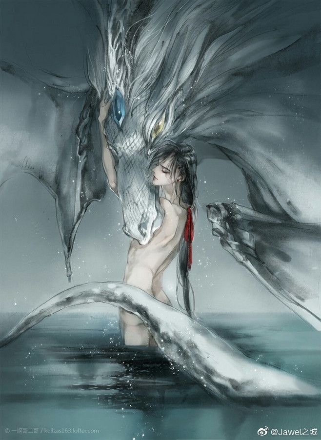1boy alternate_hairstyle animal animal_hug animalization ass black_hair blue_gemstone closed_eyes closed_mouth completely_nude convenient_censoring dragon eastern_dragon faux_traditional_media gem gem_on_head hair_ribbon implied_yaoi ink_wash_painting kcllzas163 lan_wangji light_particles long_hair low-tied_long_hair male_focus modao_zushi nude ponytail red_ribbon ribbon smile solo standing tail third-party_source very_long_hair wading water watermark wei_wuxian weibo_watermark wet white_dragon yellow_eyes