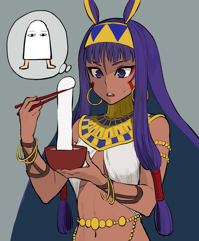 1girl animal_ears b_suke bangle bowl bracelet breasts chopsticks dark-skinned_female dark_skin eyeliner facial_mark fate/grand_order fate_(series) food gold_necklace grey_background hair_tubes hairband holding holding_bowl holding_chopsticks jewelry makeup medium_breasts medjed_(fate) mochi navel necklace nitocris_(fate) purple_eyes purple_hair red_eyeliner simple_background solo speech_bubble sweat thought_bubble upper_body yellow_hairband