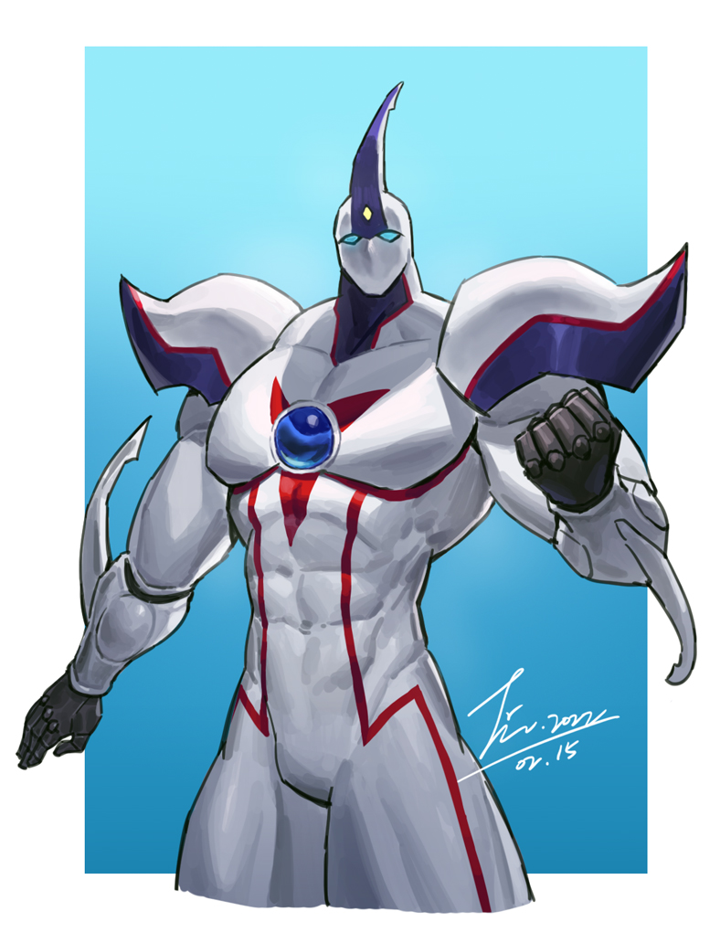 1boy abs blue_eyes bulge commentary covered_abs cropped_legs dated duel_monster elemental_hero_neos jin_(sirius-j) large_pectorals looking_at_viewer male_focus muscular muscular_male pectorals signature solo yu-gi-oh! yu-gi-oh!_gx