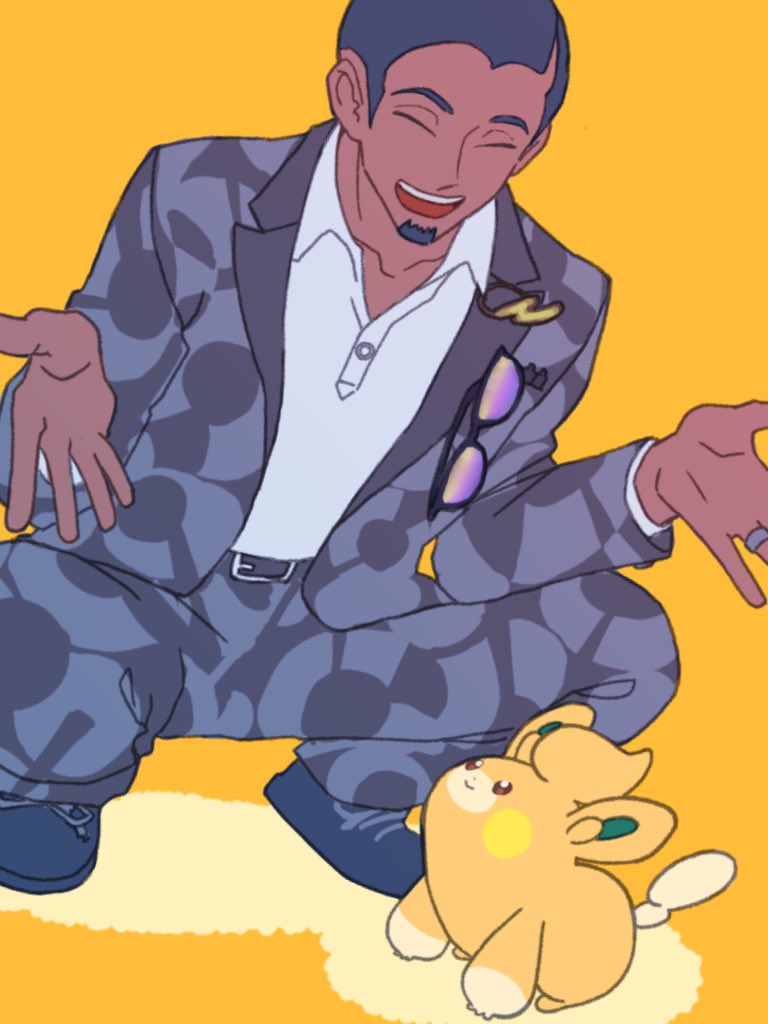 1boy black_hair buzz_cut closed_eyes collared_shirt dark-skinned_male dark_skin dasimaki510 eyewear_hang facial_hair full_body goatee jacket jewelry male_focus nintendo open_clothes open_mouth pants pawmi pokemon pokemon_(creature) pokemon_sv ring salvatore_(pokemon) shirt short_hair smile squatting sunglasses unworn_eyewear very_short_hair wedding_ring