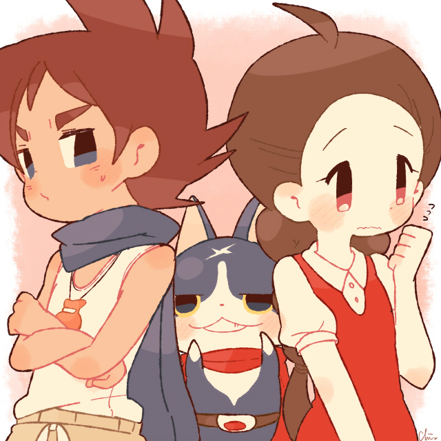 10s 1boy 1girl amano_yukiko_(youkai_watch) artist_name blue_cape blush braid brown_hair cape cat chiyoko_(oman1229) fuyunyan keizou long_hair red_cape scar twin_braids traditional_youkai youkai_watch youkai_watch_2