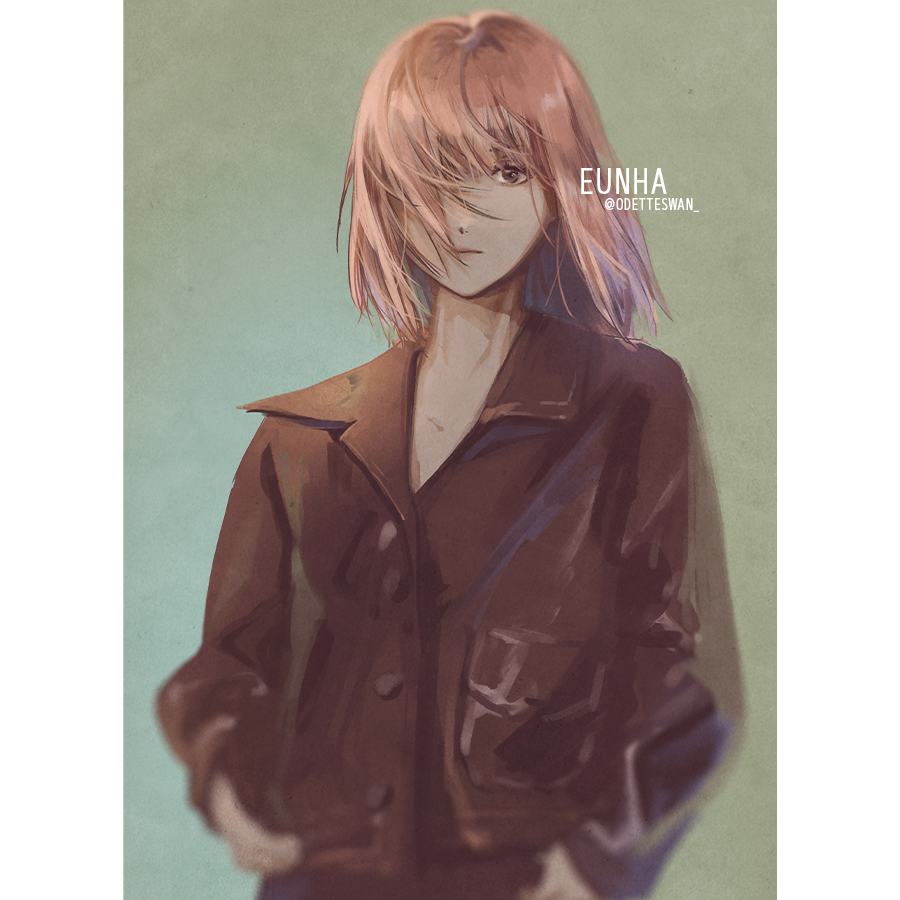 1girl adirosa artist_name_(singer) blush_stickers closed_mouth commentary eunha_(gfriend) gfriend green_background hair_over_one_eye hands_in_pockets looking_at_viewer pink_hair real_life short_hair simple_background solo twitter_username upper_body