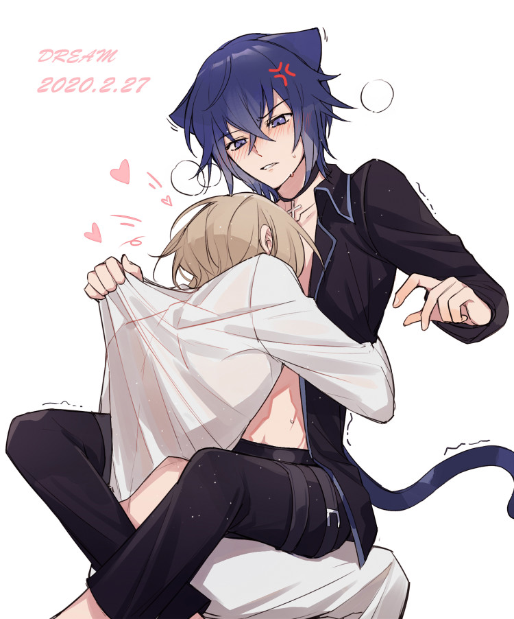 2020 2boys amakawa_tsukasa anger_vein animal_ears artist_name black_lynx black_pants black_shirt cat_boy cat_ears dated dream_han heart light_brown_hair long_sleeves male_focus multiple_boys open_clothes open_shirt pants purple_eyes purple_hair shirt shugo_chara! sitting sitting_on_lap sitting_on_person tsukiyomi_ikuto yaoi