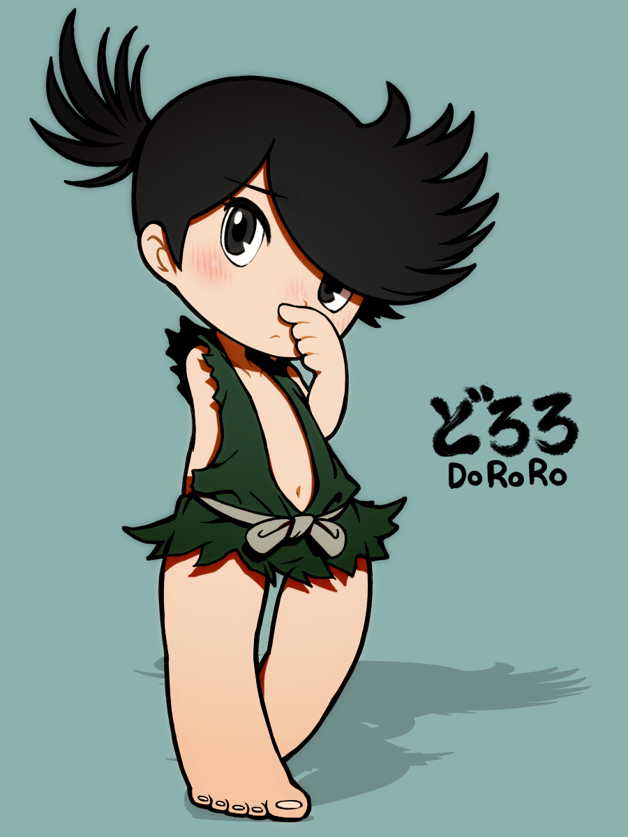 1girl arm_behind_back bare_legs barefoot beeru_(veil8801) black_eyes black_hair blue_background character_name closed_mouth collarbone copyright_name dororo_(character) dororo_(tezuka) finger_to_own_nose flat_chest frown full_body hand_up highres navel ponytail shadow short_hair short_ponytail simple_background solo toenails