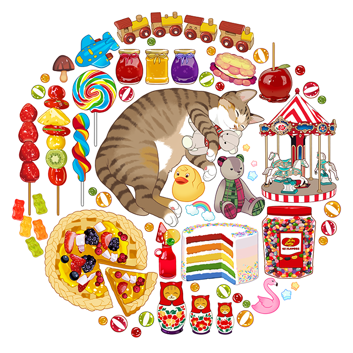 animal_focus bird blackberry_(fruit) cake candy candy_apple candy_jar carousel cat circle_formation cranberry flamingo food fruit grey_cat gummy_bear hugging_object ice_cream ice_cream_sandwich jam jug_(bottle) kinoko_no_yama kiwi_(fruit) kiwi_slice lollipop looking_at_viewer lying marble_(toy) matryoshka_doll no_humans object_focus original pie pie_slice pineapple pineapple_slice rainbow rainbow_cake rubber_duck simple_background slothm22 star_(symbol) strawberry strawberry_slice stuffed_animal stuffed_toy swirl_lollipop tanghulu teddy_bear toy_airplane toy_train white_background
