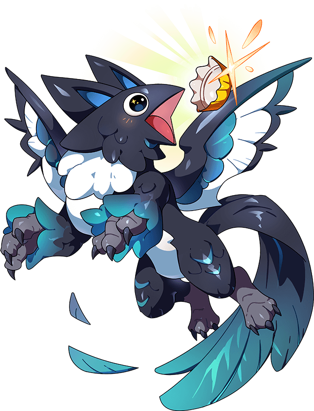 bottle_cap dragon dragon_village_(series) dragon_village_collection feathers flying game_cg magpie magpiedragon_(dragon_village) no_humans official_art open_mouth third-party_source transparent_background