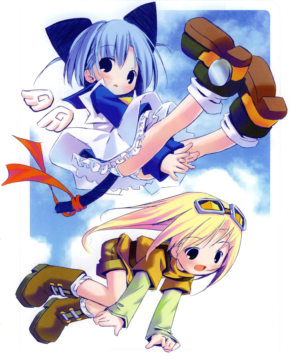 2girls :d animal_ears between_legs black_eyes blue_eyes blue_hair blue_shirt blue_sky blush boots brown_footwear cat_ears cat_tail cloud d: detached_wings dress eyebrows flying frills full_body goggles goggles_on_head hand_between_legs highres layered_sleeves long_hair long_sleeves multiple_girls open_mouth panties pantyshot pop red_ribbon ribbon shirt shoes short_hair short_over_long_sleeves short_sleeves shorts sky smile socks tail tail_ornament tail_ribbon turtleneck underwear upskirt very_long_hair white_legwear white_panties white_wings wings