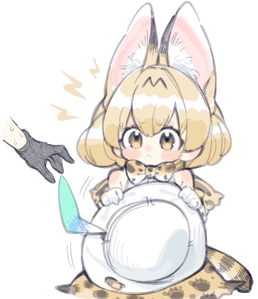 2girls :&lt; animal_ears animal_print bare_shoulders blonde_hair blush bow bowtie cat_ears cat_girl cat_print cat_tail elbow_gloves extra_ears gloves hair_between_eyes hat hat_feather helmet kaban_(kemono_friends) kemono_friends multiple_girls notora pith_helmet print_bow print_bowtie print_skirt serval_(kemono_friends) shirt short_hair sidelocks skirt sleeveless tail unworn_hat unworn_headwear white_gloves white_shirt yellow_bow yellow_bowtie yellow_eyes yellow_skirt