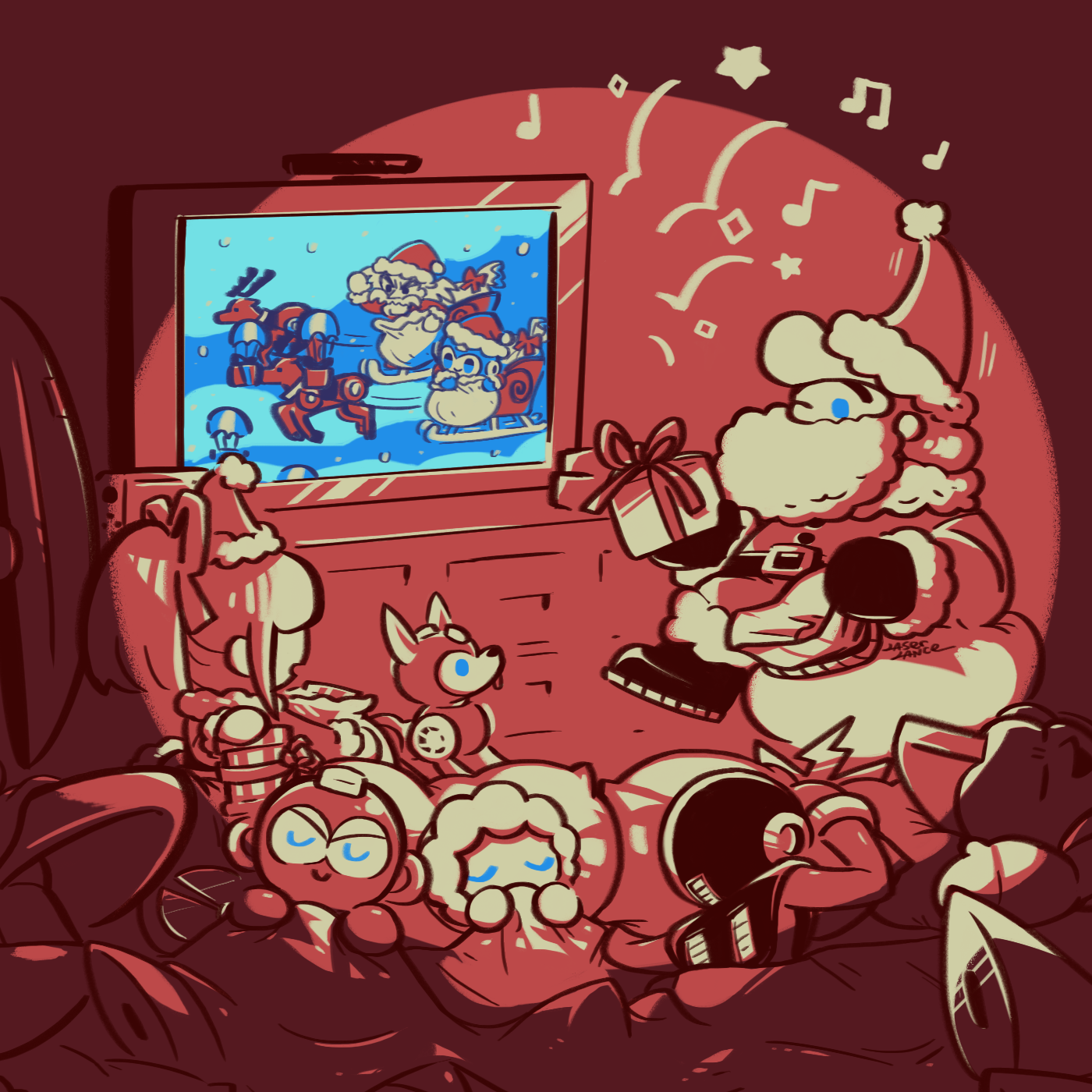 1girl 6+boys blue_eyes bomb_man closed_eyes cut_man dr._light_(mega_man) dr._wily_(mega_man) elec_man guts_man hat highres humanoid_robot ice_man laser-lance limited_palette mega_man_(character) mega_man_(classic) mega_man_(series) mega_man_1 multiple_boys ponytail red_theme robot roll_(mega_man) rush_(mega_man) santa_costume santa_hat short_hair short_ponytail sleeping television watching_television