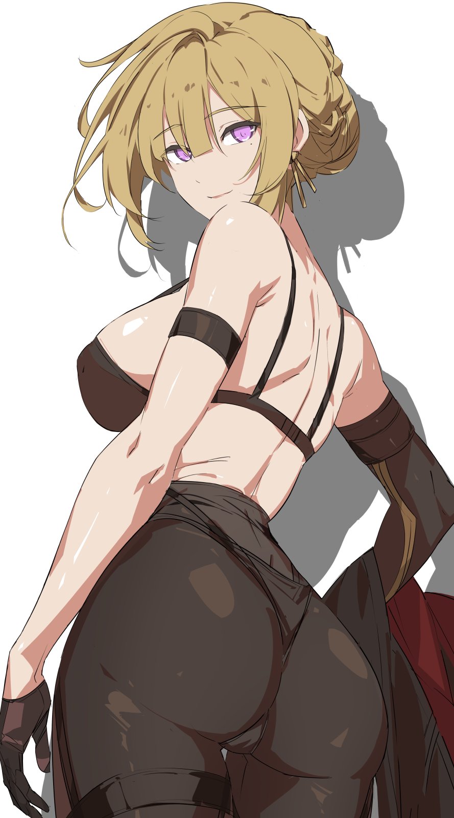 1girl arm_strap ass back bare_shoulders black_bra black_gloves black_pants blonde_hair bra breasts closed_mouth commentary earrings evelyn_chevalier from_below gloves hair_up half_gloves high-waist_pants highleg highleg_panties highres holding holding_jacket holding_unworn_clothes jacket jewelry kili_kilio large_breasts looking_at_viewer mole mole_under_eye panties pants purple_eyes sideboob simple_background smile thigh_strap thong tight_clothes tight_pants underwear unworn_jacket white_background zenless_zone_zero