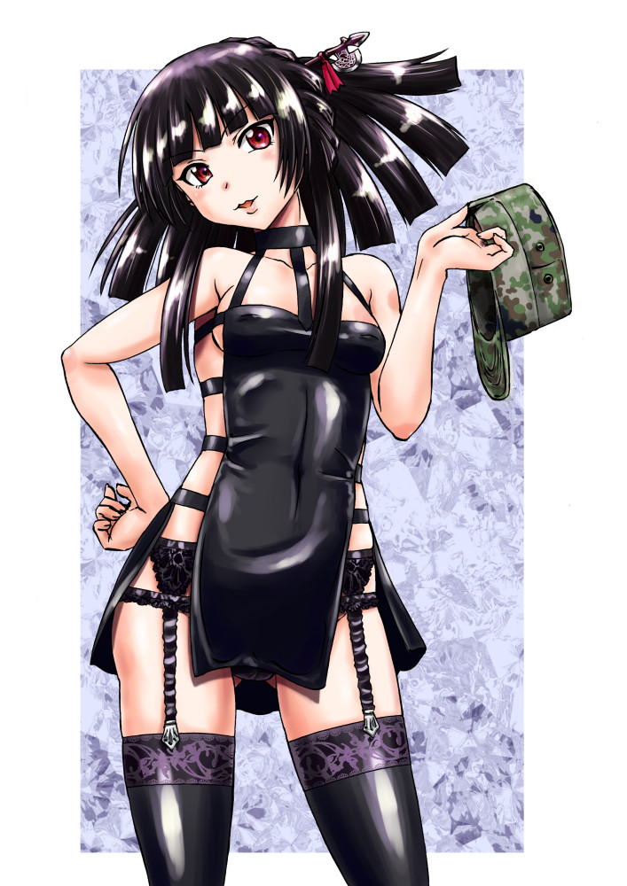 1girl black_hair breasts cameltoe garter_belt gate_-_jieitai_ka_no_chi_nite_kaku_tatakaeri hat leather_apron looking_at_viewer medium_breasts panties rory_mercury sao_satoru solo thighhighs underwear