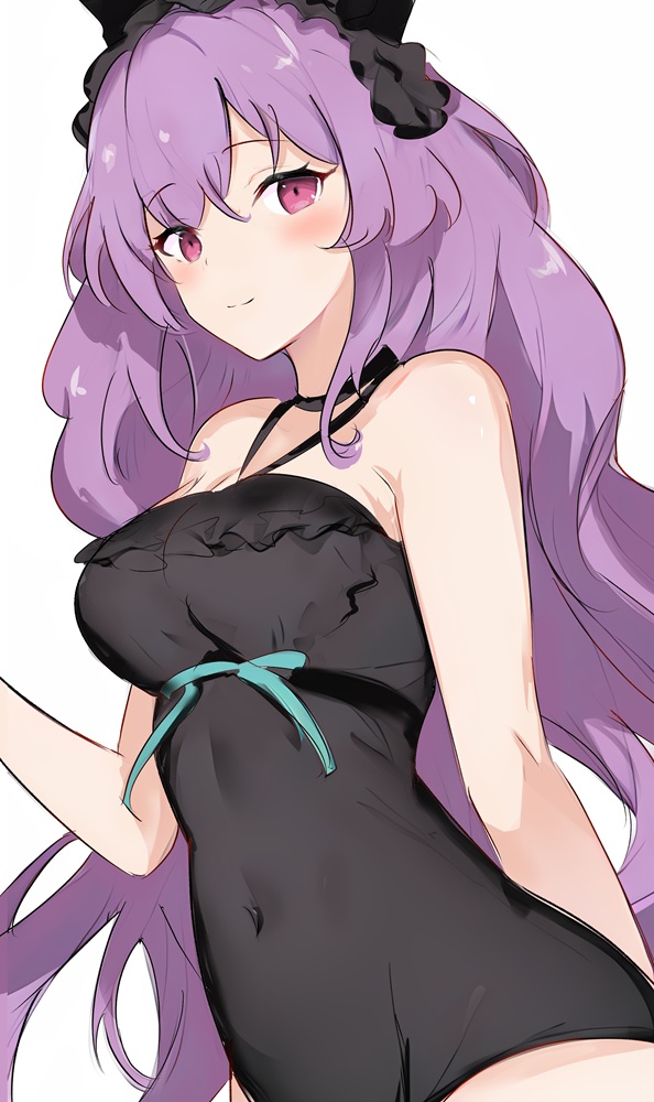 1girl arknights arm_behind_back black_one-piece_swimsuit breasts cleavage closed_mouth commentary covered_navel cowboy_shot hair_between_eyes long_hair medium_breasts official_alternate_costume one-piece_swimsuit pink_eyes purple_hair raifu_(rf) simple_background smile solo standing swimsuit typhon_(arknights) typhon_(temperature_difference)_(arknights) very_long_hair white_background