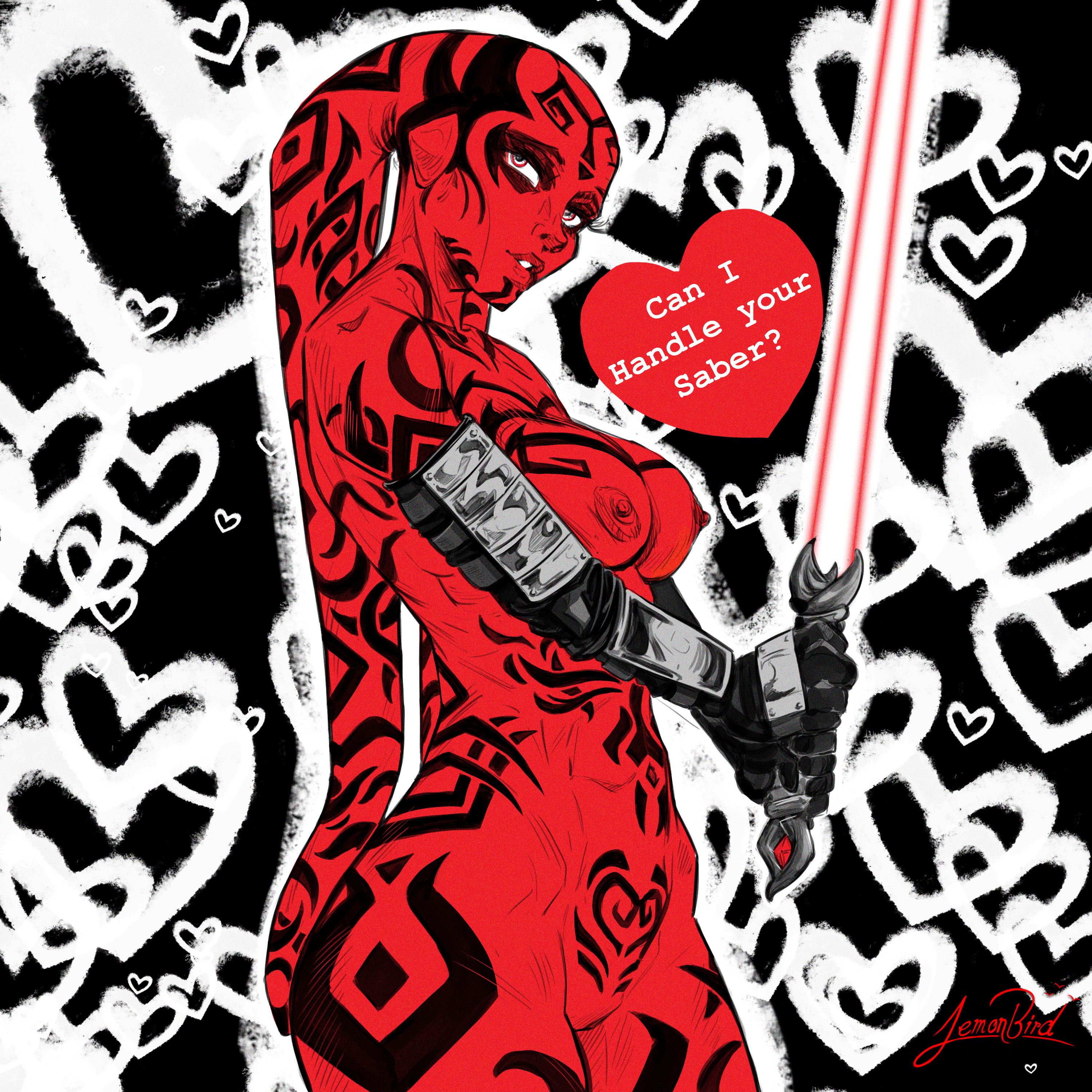 1girl ? absurdres alien artist_request black_background black_gloves breasts chest_tattoo clenched_teeth colored_skin curvy darth_talon elbow_gloves energy_sword english_text facial_tattoo gloves heart highres holding holding_sword holding_weapon lekku_(anatomy) lightsaber looking_at_viewer nipples no_humans nude pointing pointing_at_viewer pussy pussy_peek red_eyes red_lightsaber red_skin revealing_clothes serious shoulder_tattoo signature simple_background spoken_heart standing star_wars star_wars:_legacy sword tattoo teeth twi&#039;lek weapon wide_hips