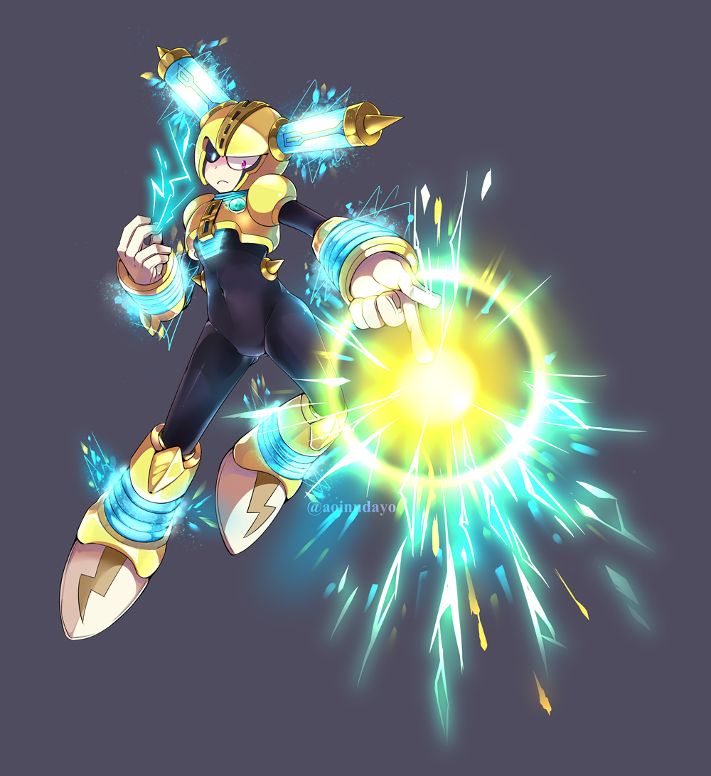 1boy android aoinudayo armor asymmetrical_eyes black_bodysuit black_sclera blue_eyes bodysuit breastplate capcom powering_up powering_up closed_mouth colored_sclera commentary_request covered_navel electricity frown full_body fuse fuse_man gloves grey_background helmet in_air joints light_particles looking_down male_focus mega_man_(classic) mega_man_(series) mega_man_11 midair outstretched_arm particles pointing pointing_down purple_eyes robot robot_joints shoulder_armor simple_background solo tagme vambraces white_gloves yellow_armor yellow_eyes yellow_headwear