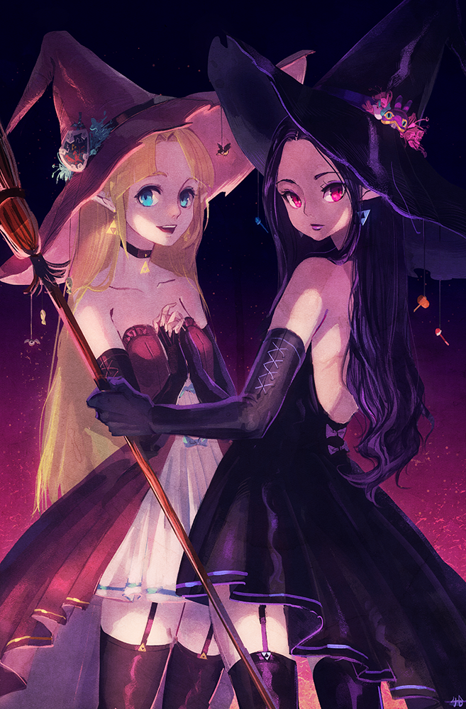 2girls alternate_costume back bare_shoulders biahnyang black_dress black_gloves black_legwear blonde_hair blue_eyes breasts broom cameo choker cleavage dress earrings elbow_gloves garter_straps gloves halloween halloween_costume hat holding holding_broom jewelry long_hair looking_at_viewer looking_back multiple_girls nintendo own_hands_together pointy_ears princess_hilda princess_zelda purple_hair ravio red_eyes sheerow shield strapless strapless_dress the_legend_of_zelda the_legend_of_zelda:_a_link_between_worlds thigh_strap thighhighs triforce wand witch witch_hat