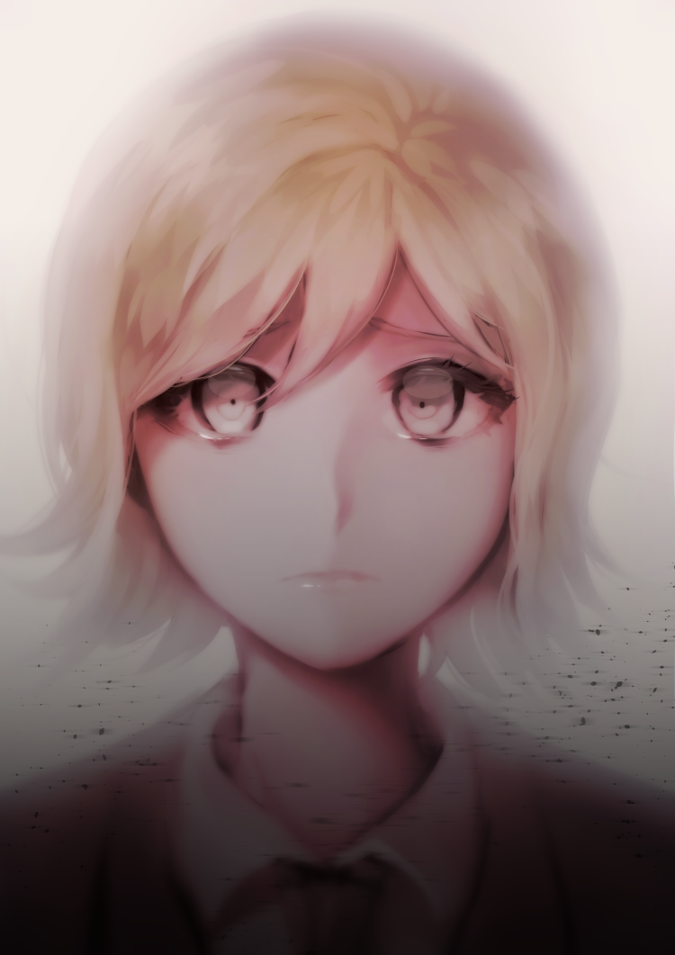 1boy androgynous blonde_hair brown_hair closed_mouth collared_shirt commentary_request danganronpa_(series) danganronpa_3_(anime) expressionless formal_clothes gradient_background grey_background grey_eyes hiru_(hyerrr) jacket looking_at_viewer male_focus mitarai_ryota necktie portrait shirt short_hair solo white_background