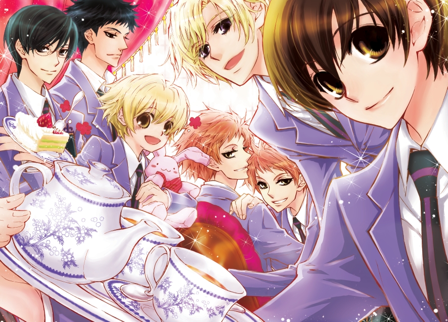 1girl 6+boys black_hair blazer blonde_hair bob_cut bow brothers brown_eyes brown_hair cake chair collared_shirt cup curtains food fork fruit fujioka_haruhi glasses haninozuka_mitsukuni hitachiin_hikaru hitachiin_kaoru jacket morinozuka_takashi multiple_boys necktie ootori_kyouya open_mouth orange_hair ouran_high_school_host_club red_upholstery reverse_trap saucer school_uniform shirt siblings sitting smile strawberry stuffed_toy suou_tamaki teacup teapot tray white_shirt yellow_eyes