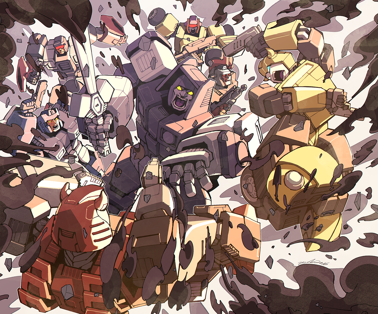 1980s_(style) 6+boys assault_visor autobot borezet breakdown_(transformers) bumblebee_(transformers) cannon cliffjumper cover dead_end_(transformers) decepticon dragstrip dual_wielding fighting glowing glowing_eyes gun holding holding_gun holding_sword holding_weapon horns machine machinery male_focus mecha motormaster multiple_boys no_humans oldschool open_mouth red_visor retro_artstyle robot science_fiction stunticon sword teeth transformers transformers:_generation_1 upper_teeth_only weapon wheel wildrider