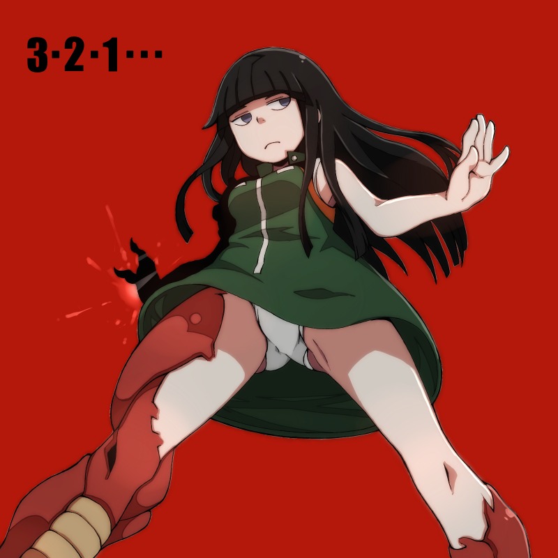 1girl black_eyes black_hair breasts female_focus from_below jitome linda_cube long_hair no_pants panties red_background sachiko_(linda_cube) sleeveless solo underwear white_panties yucopi