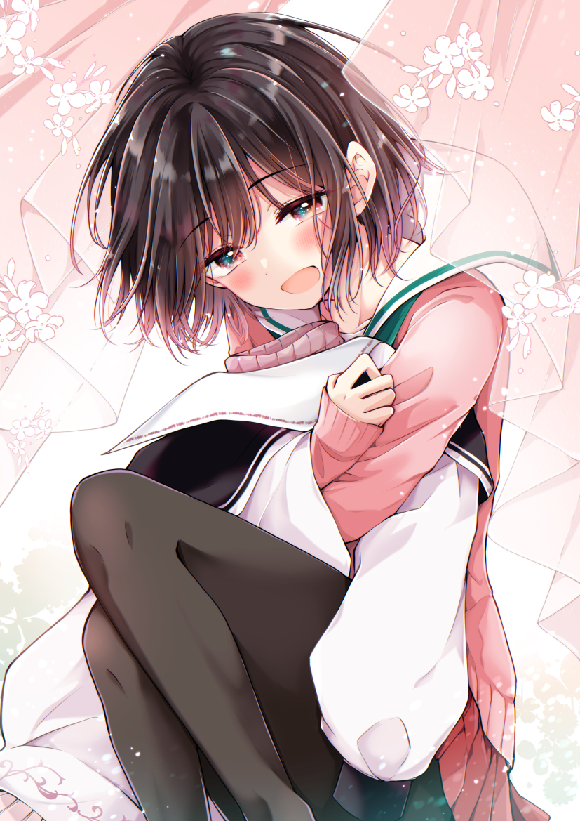1boy banjou_azusa black_hair blush crossdraw_holster crossdressing crossdressing_(mtf) fe female_focus hiura_mihate koisuru_(otome)_no_tsukurikata long_sleeves looking_at_viewer open_mouth pink_eyes school_uniform serafuku short_hair smile solo tagme trap
