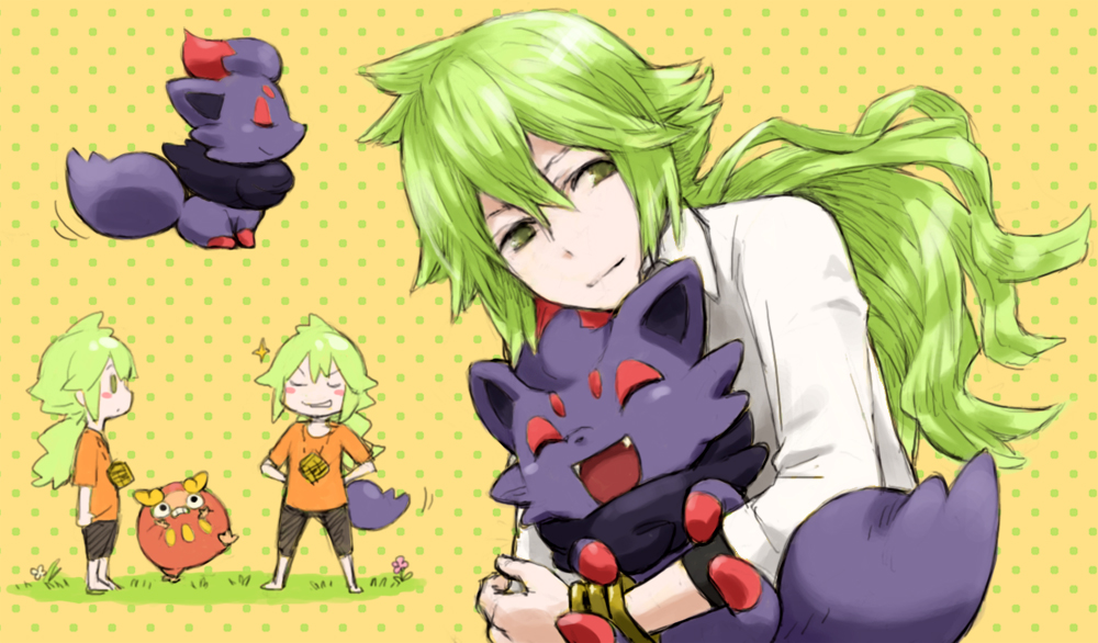 1boy aged_down betty0519 black_shorts blush closed_eyes commentary_request darumaka flower gen_5_pokemon green_eyes green_hair hug jacket jewelry male_focus n_(pokemon) necklace nintendo orange_shirt pokemon pokemon_(creature) pokemon_bw polka_dot polka_dot_background ponytail shirt shorts smile standing transformed_zorua white_jacket zorua