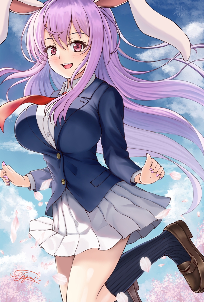 1girl animal_ears blazer blouse blue_skirt blush breasts buttons collared_shirt jacket jumping large_breasts light_purple_hair long_hair nail_polish nature necktie open_mouth outdoors pink_nails pleated_skirt purple_hair rabbit_ears rabbit_girl red_eyes red_necktie reisen_udongein_inaba shirt shoes skirt solo touhou very_long_hair white_shirt yagamin258