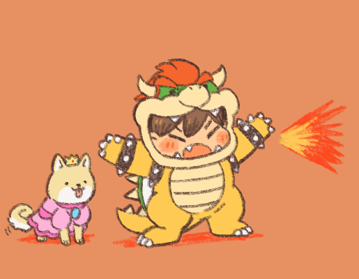 1boy bowser bowser_(cosplay) brown_hair chibi chibi_only closed_eyes cosplay dog fang hector_(omori) kel_(faraway)_(omori) kel_(omori) mario_(series) nintendo omori open_mouth orange_background princess_peach princess_peach_(cosplay) short_hair simple_background sun_iiinu