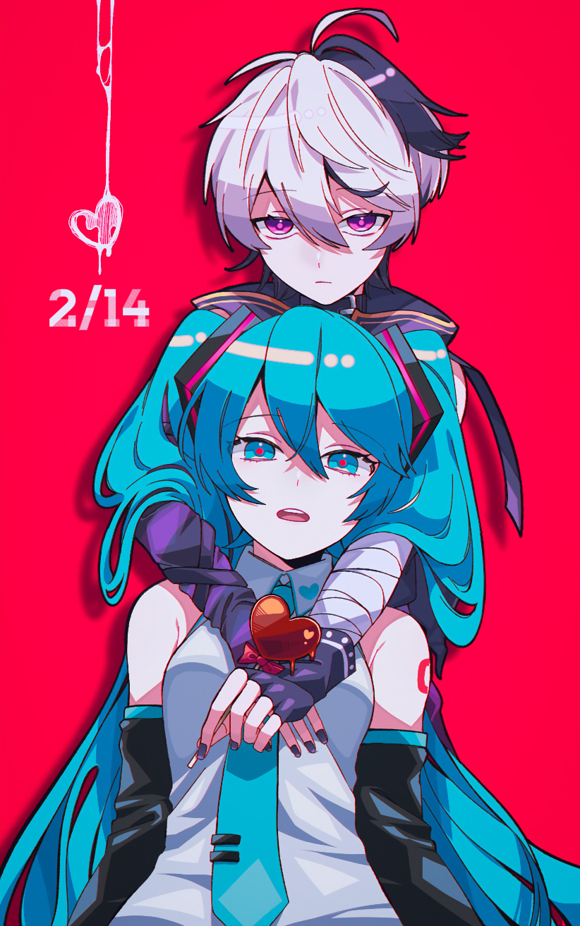 ahoge androgynous aqua_eyes aqua_hair aqua_necktie arm_tattoo arm_warmers bandaged_arm bandages bare_shoulders black_gloves black_sleeves candy closed_mouth dated detached_sleeves flower_(vocaloid) flower_(vocaloid4) food gloves grey_shirt hair_between_eyes hatsune_miku heart highres holding holding_candy holding_food holding_lollipop kazuse616 lollipop looking_at_viewer multicolored_hair necktie number_tattoo open_mouth purple_arm_warmers purple_eyes purple_hair purple_nails red_background shirt simple_background single_arm_warmer streaked_hair tattoo teeth tomboy twintails upper_teeth_only vocaloid white_hair yuri