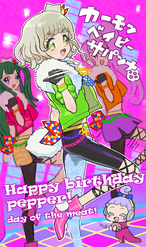 :d belt black_gloves black_pants blue_bow blue_eyes blue_hair blunt_bangs boots bow bracelet brown_hair chain character_name chibi closed_eyes commentary_request dancing disco fang fur-trimmed_jacket fur_trim gloves green_hair green_jacket hair_bow happy_birthday headphones jacket janis_(pripara) jewelry long_hair looking_at_viewer manaka_non meat_day midriff moudoku_(decopon3rd) open_mouth orange_jacket pants pink_background pink_boots pink_jacket pretty_series pripara purple_eyes purple_hair purple_skirt short_hair side_ponytail skirt smile standing standing_on_one_leg taiyo_pepper translation_request tsukikawa_chili yellow_belt yellow_eyes
