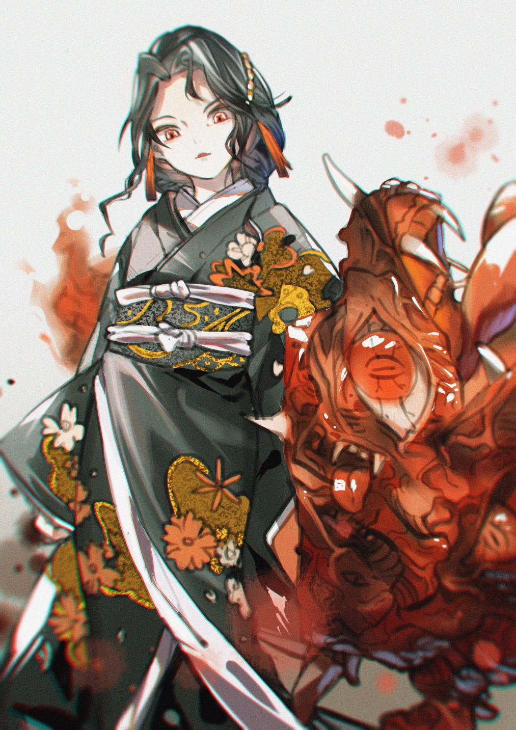 1girl black_hair black_kimono demon_girl highres japanese_clothes kibutsuji_muzan kibutsuji_muzan_(female) kimetsu_no_yaiba kimono long_sleeves looking_at_viewer monster red_eyes solo towo_nita