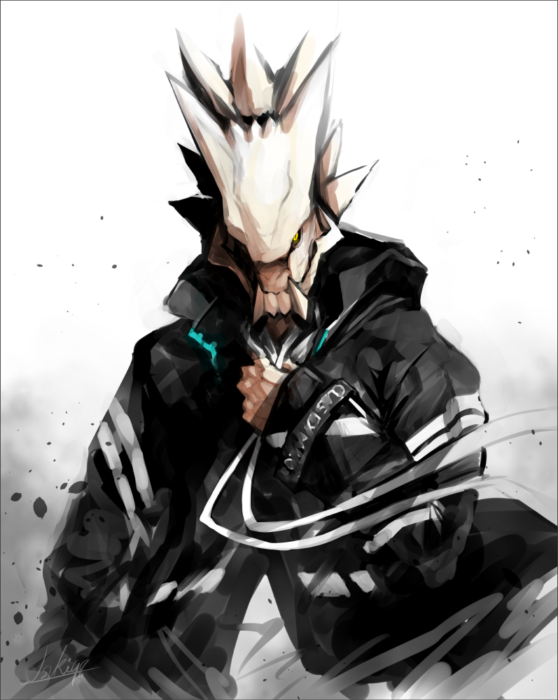 12f_(arknights) 1boy arknights dragon jacket looking_at_viewer male_focus slit_pupils solo usuki_(graygreed) yellow_eyes