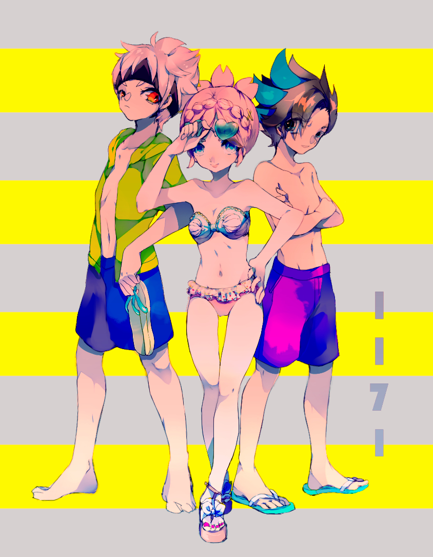 10s 1girl 2boys barefoot blue_eyes blue_hair braid brown_hair crossed_arms hair_ornament hairband heart ibuki_munemasa inazuma_eleven_(series) inazuma_eleven_go inazuma_eleven_go_galaxy jacket looking_at_viewer matatagi_hayato multicolored_hair multiple_boys nail_polish navel nozaki_sakura open_clothes open_jacket orange_eyes pink_hair pink_nails sandals unworn_sandals topless_male standing thigh_gap two-tone_hair white_hair