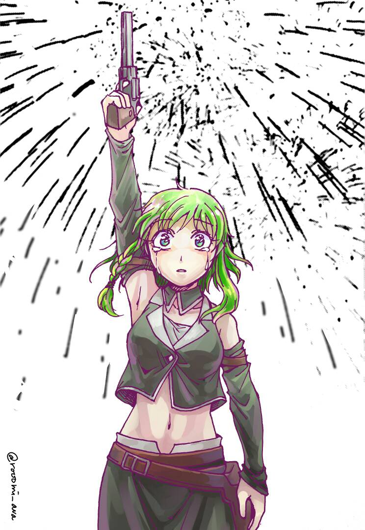 1girl armpits artist_name bare_shoulders belt braid collarbone crop_top crying crying_with_eyes_open detached_collar detached_sleeves evillious_nendaiki female_focus fireworks green_eyes green_hair gumi gun handgun holster master_of_the_heavenly_yard_(vocaloid) midriff navel nemesis_sudou revolver rooomi saigo_no_revolver_(vocaloid) short_hair side_braid sleeveless sleeveless_jacket solo tears twitter_username vocaloid weapon white_background
