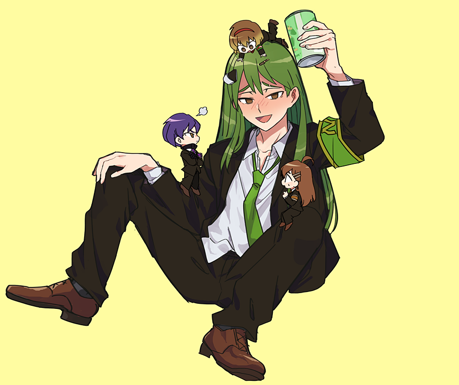 2boys 2girls :d annoyed armband black_jacket black_pants black_suit blush brown_shoes can chibi chibi_on_head collared_shirt dress_shirt formal_clothes green_armband green_hair green_necktie hand_on_own_knee hod_(project_moon) holding holding_can jacket lobotomy_corporation long_hair looking_at_viewer male_focus malkuth_(project_moon) medu_(rubish) mini_person miniboy minigirl multiple_boys multiple_girls necktie netzach_(project_moon) on_head open_mouth oxfords pants project_moon purple_hair shirt shoes simple_background sitting sitting_on_person smile solo_focus spread_legs suit white_shirt yellow_background yesod_(project_moon)