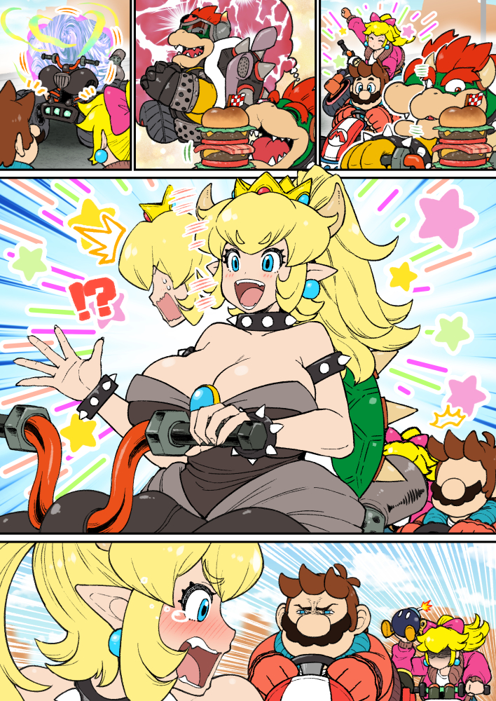 2boys 2girls ^^^ afterimage armlet bare_shoulders black_dress blonde_hair blue_eyes blush bob-omb bowser bowsette bracelet breasts brown_hair burger chasing collar comic crying crying_with_eyes_open dress driving earrings facial_hair fangs food genderswap genderswap_(mtf) head_fuse huge_breasts jewelry long_hair looking_at_another mario mario_(series) mario_(touring) mario_kart mario_kart_world motion_lines motor_vehicle multiple_boys multiple_girls mustache nenbuta nintendo nose_blush pointy_ears ponytail princess_peach princess_peach_(touring) short_hair silent_comic smile sphere_earrings spiked_armlet spiked_bracelet spiked_collar spiked_shell spikes squinting star_(symbol) steering_wheel strapless strapless_dress super_crown surprised tears transformation turtle_shell