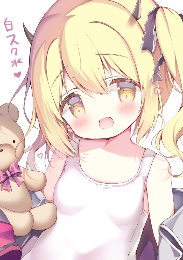 1girl :d azumi_kazuki bare_shoulders black_bow black_jacket blonde_hair blue_archive blush bow brown_eyes commentary_request demon_horns fang hair_bow horns ibuki_(blue_archive) jacket long_hair looking_at_viewer off_shoulder one-piece_swimsuit open_clothes open_jacket open_mouth school_swimsuit side_ponytail simple_background smile solo stuffed_animal stuffed_toy swimsuit teddy_bear translation_request unfinished upper_body white_background white_one-piece_swimsuit