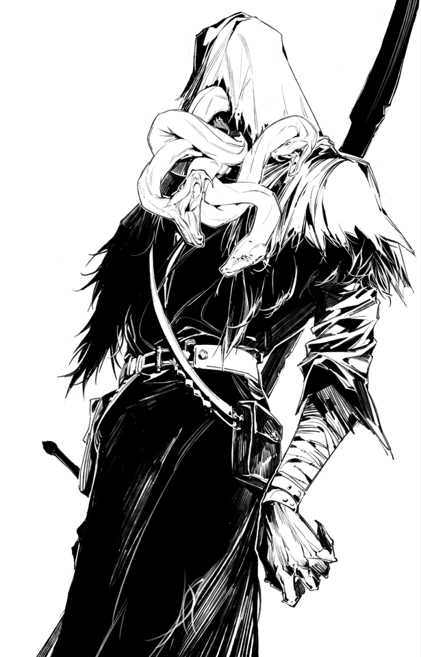 bandaged_arm bandages bloodborne commentary_request feet_out_of_frame fromsoftware hood hunter_(bloodborne) lineart megasus monochrome multiple_snakes simple_background snake sword_hilt white_background