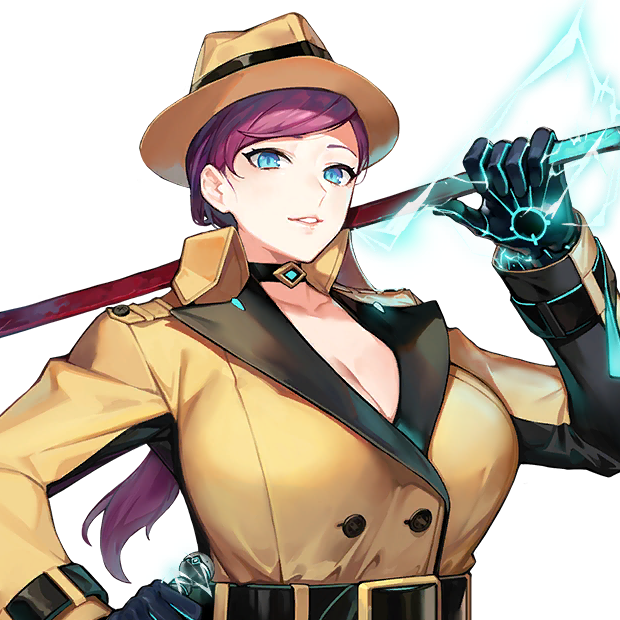 1girl beige_coat belt black_belt blue_eyes breasts choker cleavage coat crowbar electricity fedora female_focus game_cg gloves hair_behind_ear hat high_collar holding holding_crowbar jam_(nandade) large_breasts last_origin lips long_hair long_sleeves looking_at_viewer low_ponytail nicky_tracy official_art parted_lips ponytail power_glove purple_hair smile teeth transparent_background trench_coat upper_body