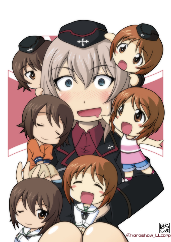 ^_^ aqua_eyes blue_eyes blue_shorts brown_eyes brown_hair brown_pants chibi closed_eyes drooling everyone girls_und_panzer grey_hair happy harada_shoutarou hat head_tilt headwear_request itsumi_erika kuromorimine_military_uniform long_hair looking_at_viewer mouth_drool nishizumi_maho nishizumi_miho one_eye_closed ooarai_school_uniform open_mouth orange_shirt pants pink_tank_top school_uniform shirt short_hair shorts smile tank_top white_background white_hair