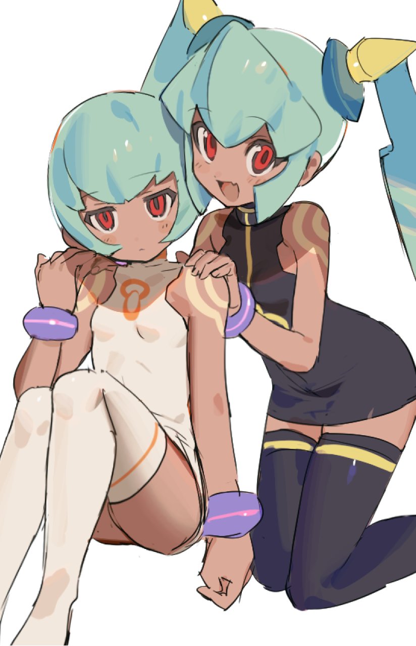 2girls aqua_hair bangle bare_shoulders black_dress black_thighhighs blush bob_cut bracelet breasts closed_mouth dark-skinned_female dark_skin dot_mouth dress expressionless fang green_hair hands_on_another&#039;s_shoulders highres jewelry kneeling long_hair looking_at_viewer mayutsuba_mono mega_man_(series) mega_man_legends_(series) multiple_girls open_mouth red_eyes sera_(mega_man) short_dress short_hair sitting skin_fang small_breasts smile tattoo thighhighs twintails white_dress white_thighhighs yuna_(mega_man)