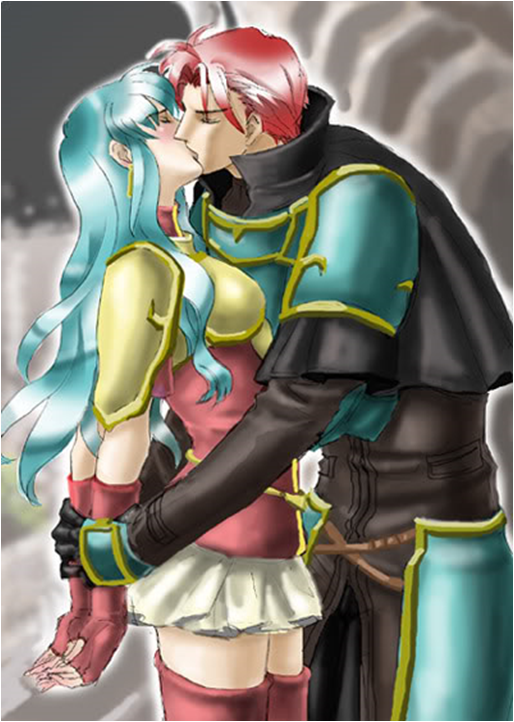 aozora_kyuuji aqua_hair arm_grab armor arms_behind_back blue_hair blush boots cape closed_eyes couple earrings eirika_(fire_emblem) fingerless_gloves fire_emblem fire_emblem:_the_sacred_stones gloves hug jewelry kiss knight long_hair nintendo princess red_hair seth_(fire_emblem) short_hair skirt thigh_boots thighhighs wavy_hair