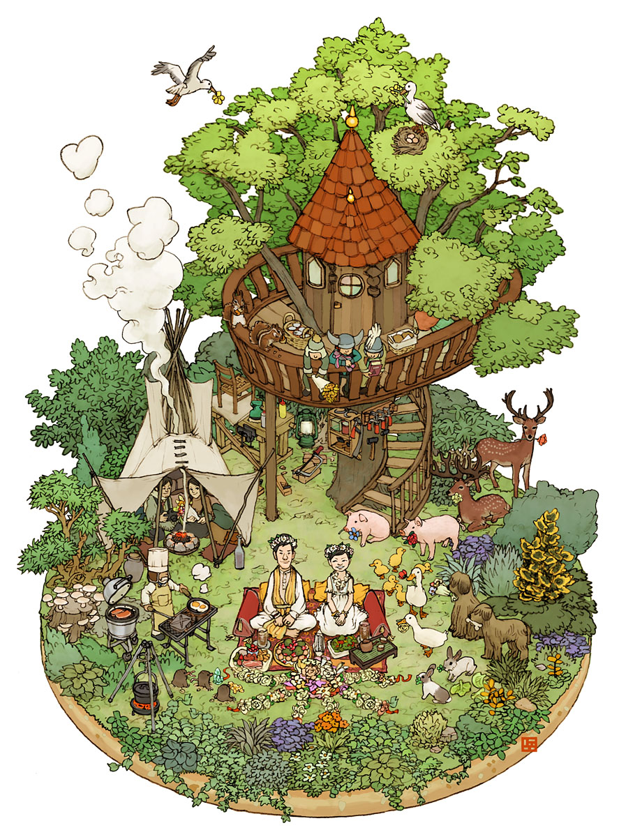 2girls 6+boys baby_animal bird bird_nest bush chef_hat child chipmunk cooking couple dattosan deer dog duck duckling egg egg_(food) fake_horns flower food forest fried_egg frying_pan grill grilling hacksaw hat helmet highres hippie holding holding_flower horned_helmet horns lantern mallet mole mole_(animal) multiple_boys multiple_girls mushroom nature original pig portable_stove pot rabbit saw simple_background smoke spiral_staircase squirrel stairs teepee tools toque_blanche tree tree_stump treehouse white_background workshop