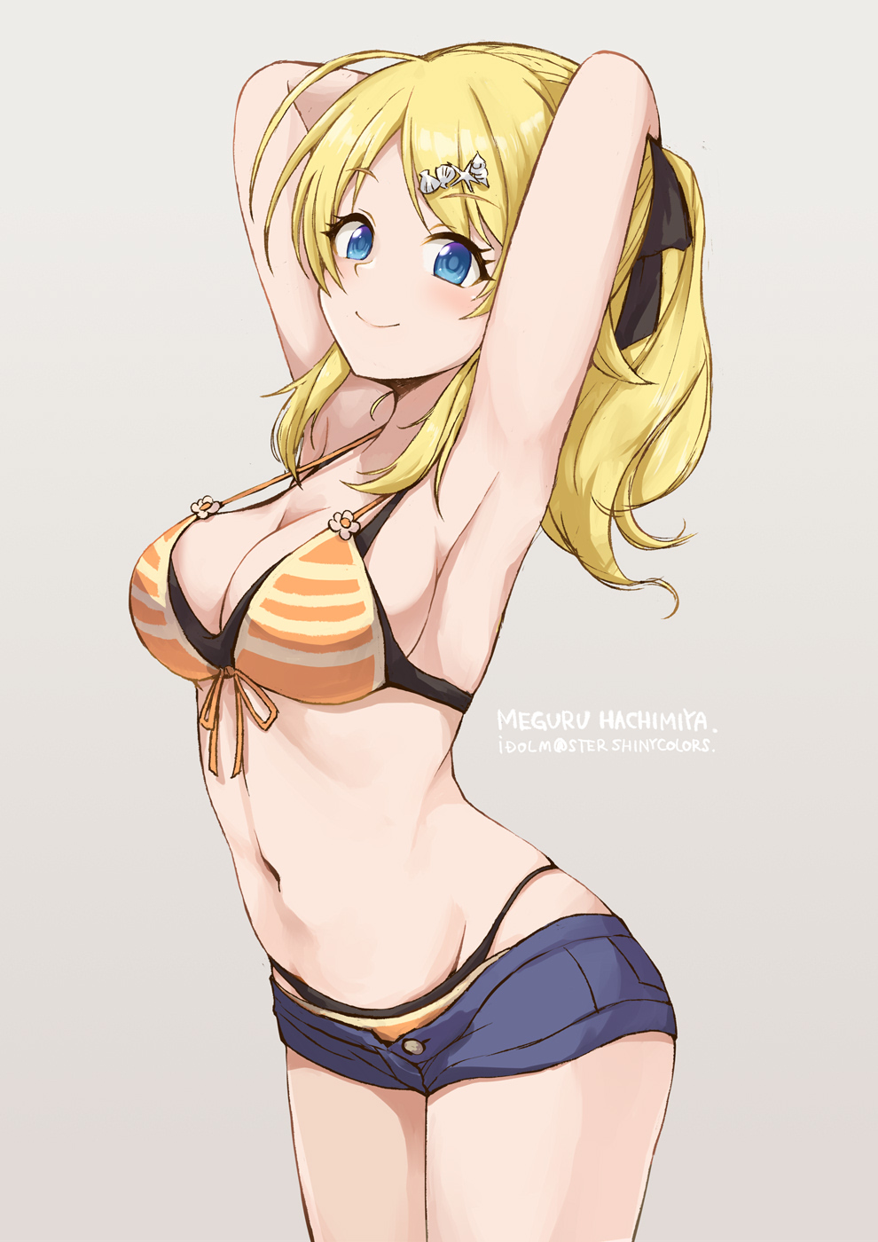1girl ahoge bikini blonde_hair blue_eyes blush breasts cleavage denim denim_shorts groin hachimiya_meguru hair_ornament hair_ribbon highres idolmaster idolmaster_shiny_colors large_breasts long_hair looking_at_viewer navel orange_bikini ponytail ribbon satomura_kyou shorts simple_background smile solo striped_bikini striped_clothes swimsuit thighs