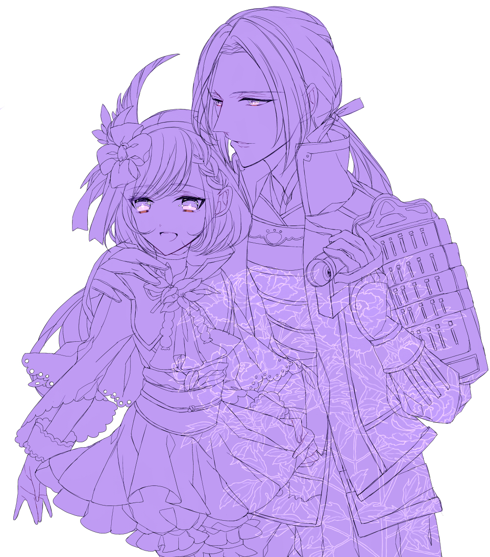 akechi_mitsuhide arm_around_shoulder armor bracelet camcorder capelet eyelashes father_and_daughter feather_hair_ornament hair_ornament hairband hakama hosokawa_gracia japanese_clothes jewelry kimono lace-trimmed_sleeves lace_trim lineart long_hair monochrome obi pleated_skirt ponytail sash sengoku_musou skirt smile video_camera