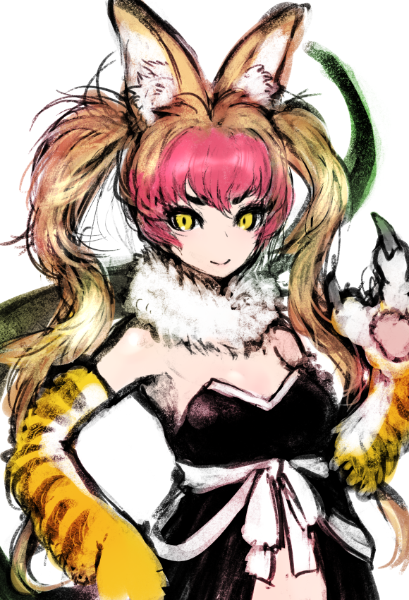 1girl animal_ears bare_shoulders black_dress brown_hair claws dress elbow_gloves extra_ears gloves ise_(0425) kemono_friends long_hair looking_at_viewer nue_(kemono_friends) red_hair scarf simple_background solo tail twintails upper_body white_background yellow_eyes