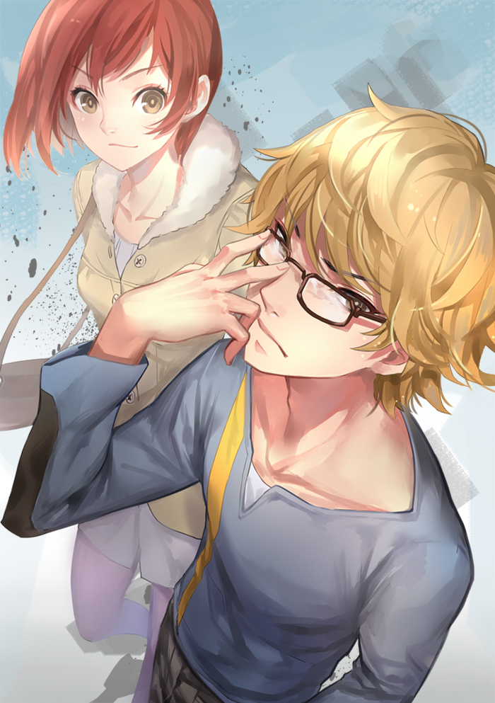 10s 1boy 1girl adjusting_eyewear bag blonde_hair brown_eyes glasses handbag j.lili jacket looking_at_viewer nishino_kimi nishio_nishiki red_hair short_hair smile tokyo_ghoul