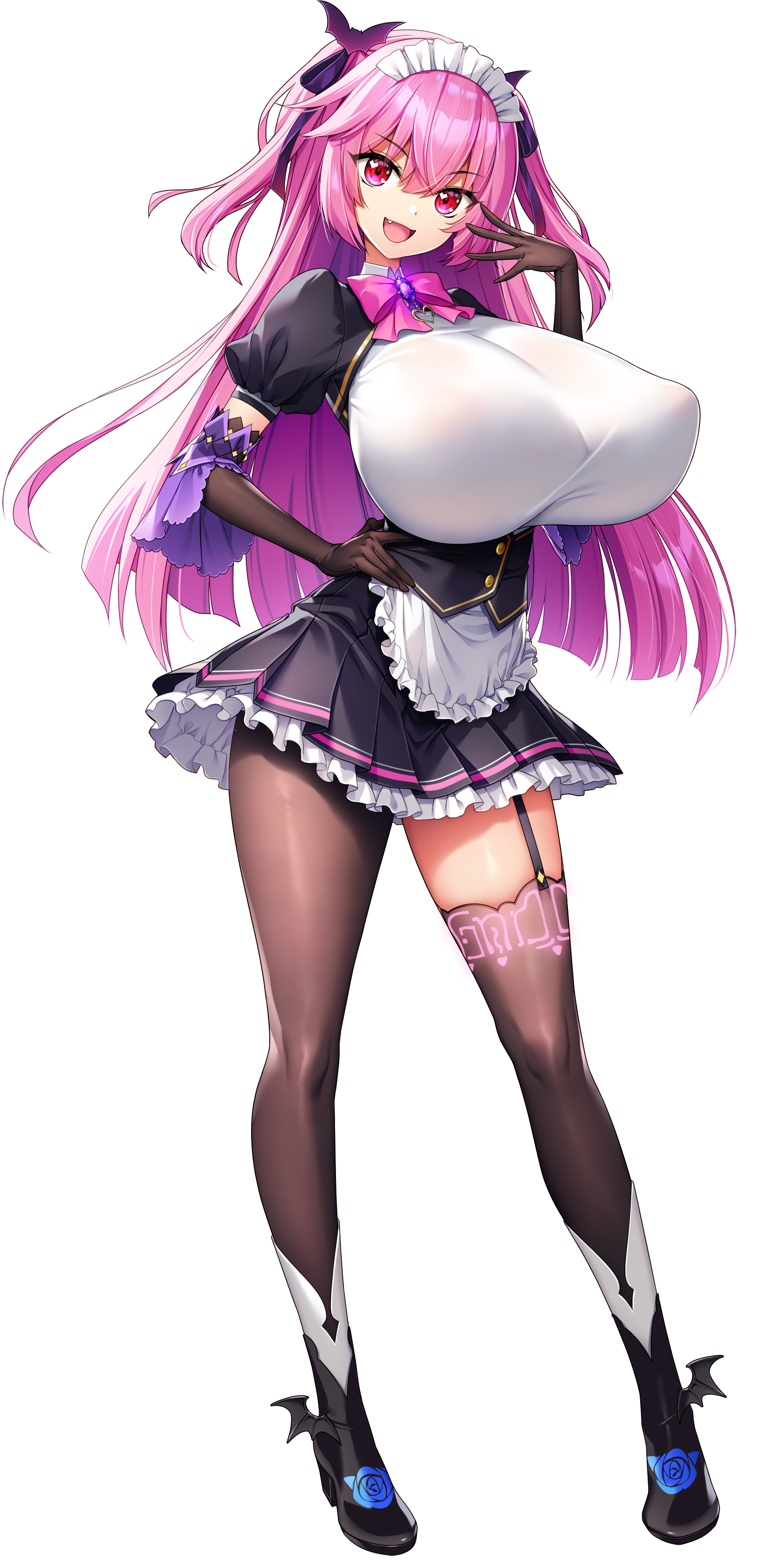 1girl absurdres akagi_rio apron bat_hair_ornament black_gloves black_pantyhose black_thighhighs bow bowtie breasts chuunibyou collar_jewel elbow_gloves fang femme_de_menage_maid_academy_uniform flower footwear_flower frilled_apron frills full_body game_cg garter_straps gem gloves hair_ornament hair_ribbon hand_on_own_hip hand_to_own_mouth heart heart_in_eye high_heels highres huge_breasts lixual_hellmare long_hair look-alike looking_at_viewer maid maid_apron maid_headdress milk_factory motto!_haramase!_honoo_no_oppai_isekai_oppai_maid_gakuen! non-web_source official_art ojou-sama_pose open_mouth pantyhose pink_bow pink_bowtie pink_hair puffy_short_sleeves puffy_sleeves purple_brooch purple_gemstone red_eyes ribbon short_sleeves sidelocks single_garter_strap single_leg_pantyhose single_thighhigh smile solo sprite standing symbol_in_eye tachi-e thighhighs transparent_background two_side_up waist_apron