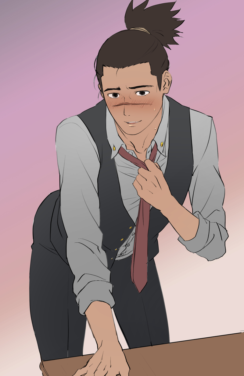 1boy blush brown_hair dark-skinned_male dark_skin formal_clothes highres jacket male_focus naruto_(classic) naruto_(series) naruto_shippuuden suit suit_jacket umino_iruka