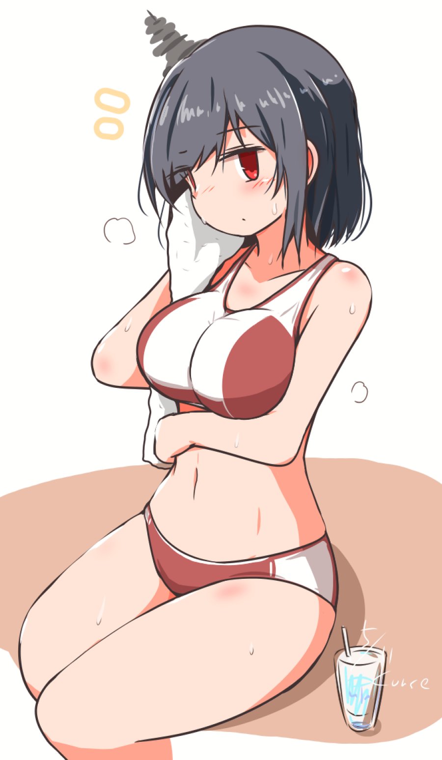 1girl alternate_costume black_hair breasts buruma commentary_request curse_(023) feet_out_of_frame glass headgear highres kantai_collection large_breasts looking_at_viewer midriff red_buruma red_eyes red_sports_bra short_hair solo sports_bikini sports_bra towel yamashiro_(kancolle)