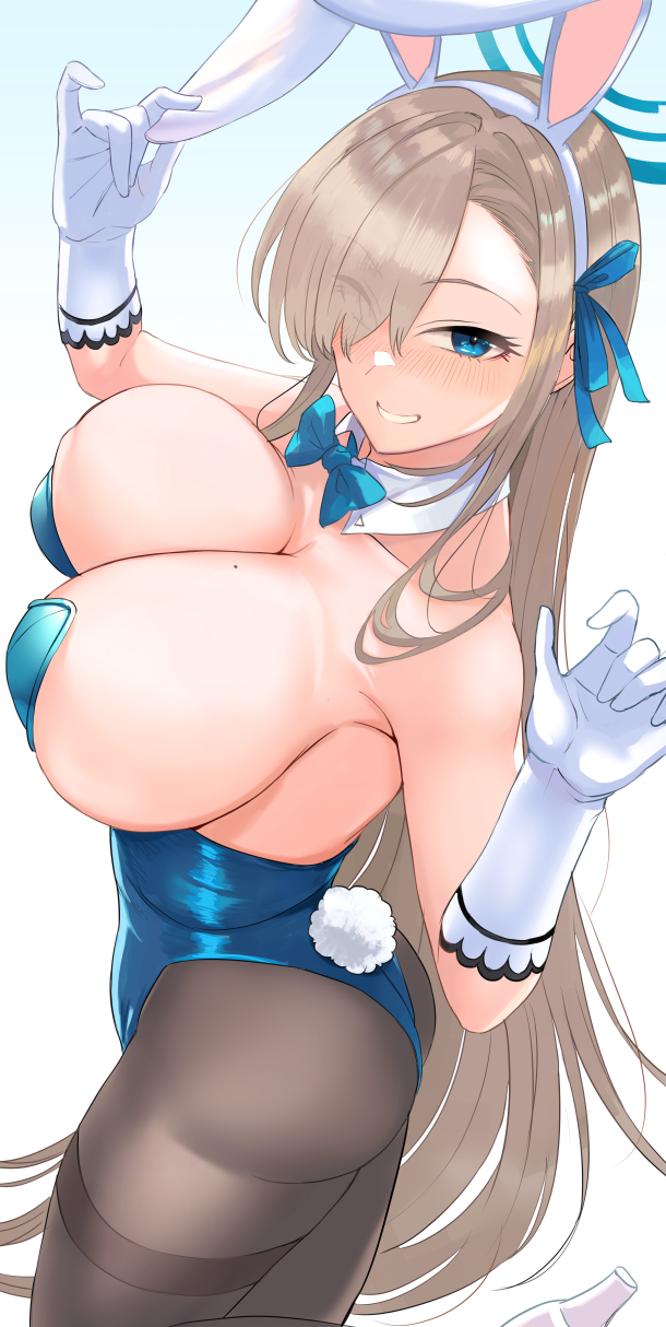 1girl animal_ears ashita_(2010) asuna_(blue_archive) asuna_(bunny)_(blue_archive) bare_shoulders blue_archive blue_eyes blue_leotard blue_ribbon blush breasts brown_pantyhose cleavage detached_collar elbow_gloves fake_animal_ears gloves grin hair_over_one_eye hair_ribbon halo highleg highleg_leotard highres large_breasts leotard light_brown_hair long_hair looking_at_viewer mole mole_on_breast pantyhose playboy_bunny rabbit_ears rabbit_tail ribbon sideboob smile solo tail thighband_pantyhose thighs very_long_hair white_gloves